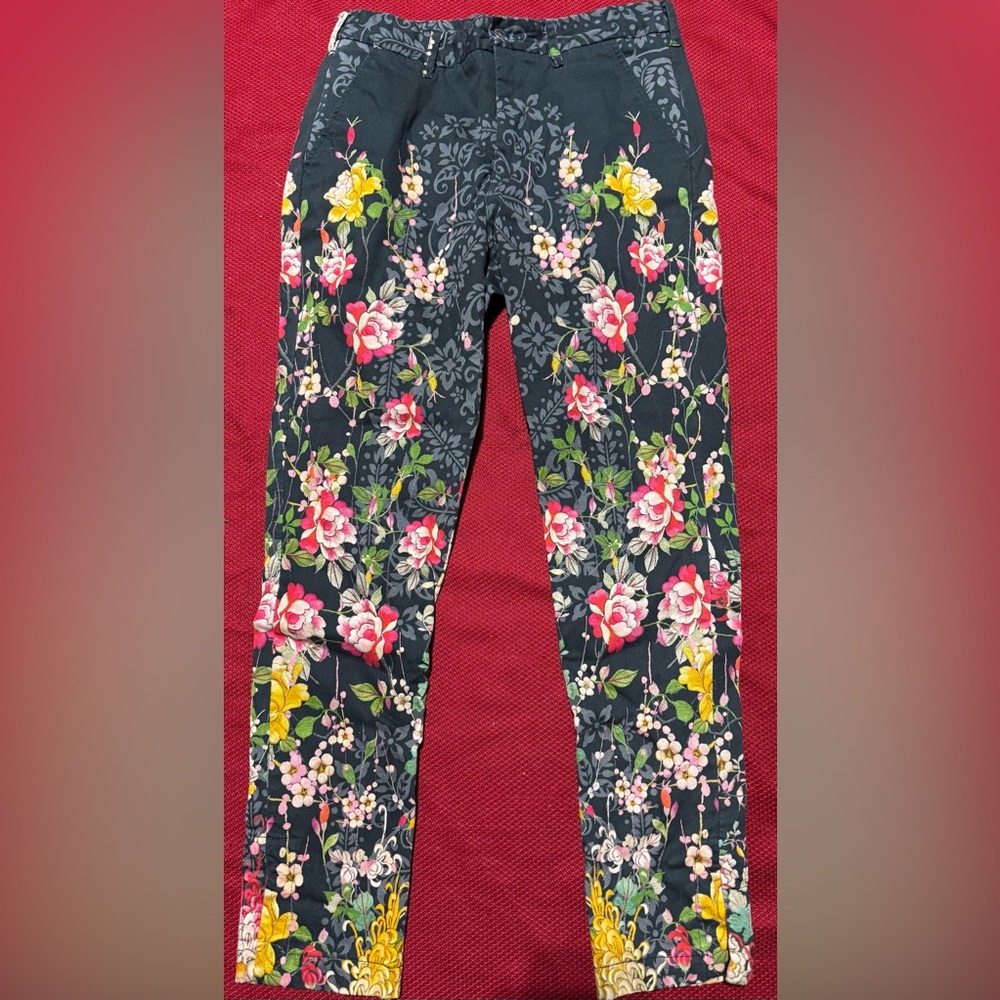 Johnny Was Black Floral Trousers with Pink & Yellow Blooms